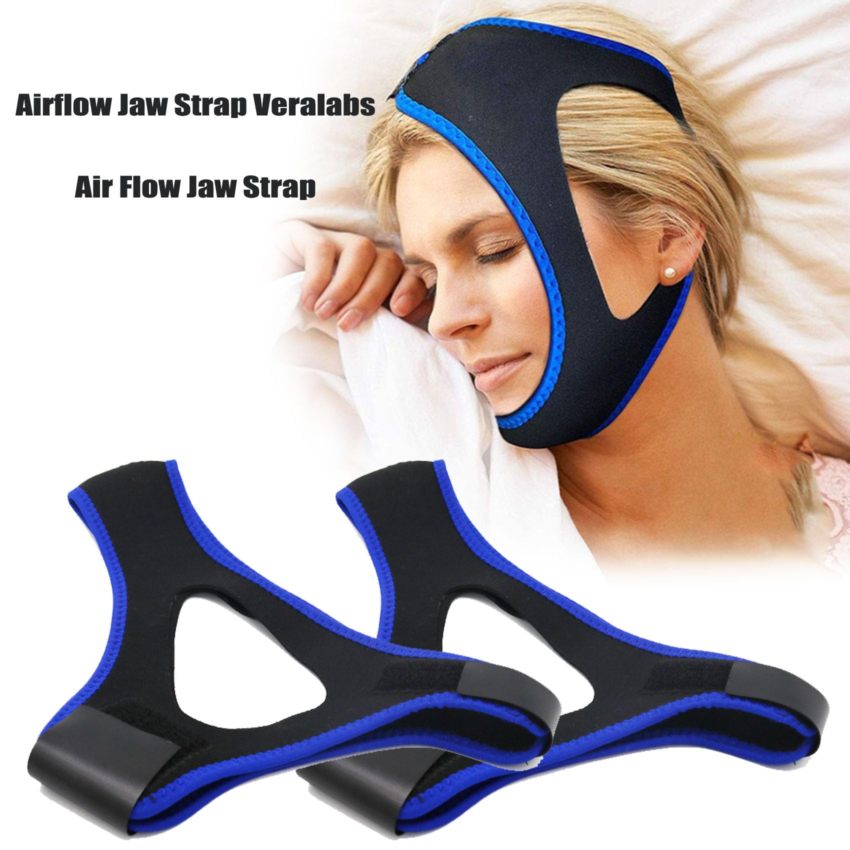 woman sleeping while wearing a black and blue Airflow Jaw Strap Reviews to reduce snoring, with two additional jaw straps displayed below. The text reads 'Airflow Jaw Strap Veralabs' and 'Air Flow Jaw Strap.