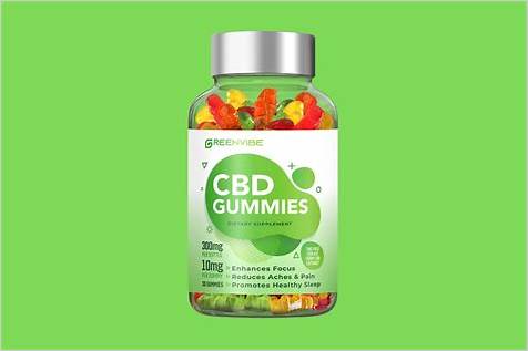 A bottle of GreenVibe CBD Gummies featuring a bright green label with bold white text. The label highlights key benefits such as "Enhances Focus," "Reduces Aches & Pain," and "Promotes Healthy Sleep." The transparent bottle reveals colorful gummy bears inside.