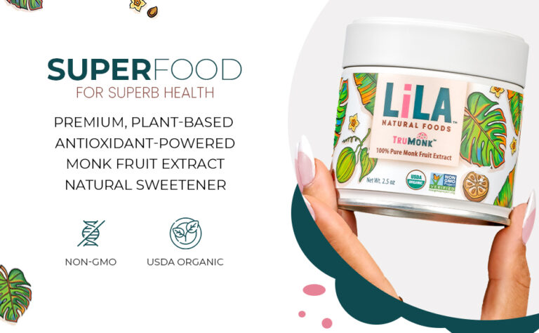 A person holding a jar of "Lila Organic Monk Fruit Extract" 100% pure monk fruit extract, a plant-based natural sweetener. The jar is decorated with tropical leaf illustrations and features USDA Organic and Non-GMO labels. Text on the left highlights the product as a premium, antioxidant-powered superfood for superb health.