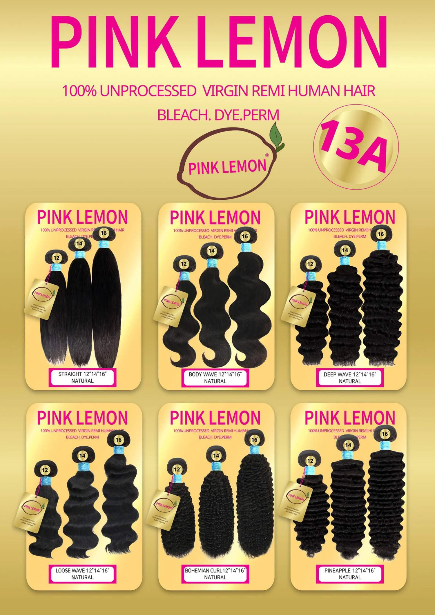 Pink Lemon hair bundles product display showcasing six styles of 100% unprocessed Virgin Remi human hair: Straight, Body Wave, Deep Wave, Loose Wave, Bohemian Curl, and Pineapple Curl, available in lengths 12”, 14”, and 16” with a natural finish.