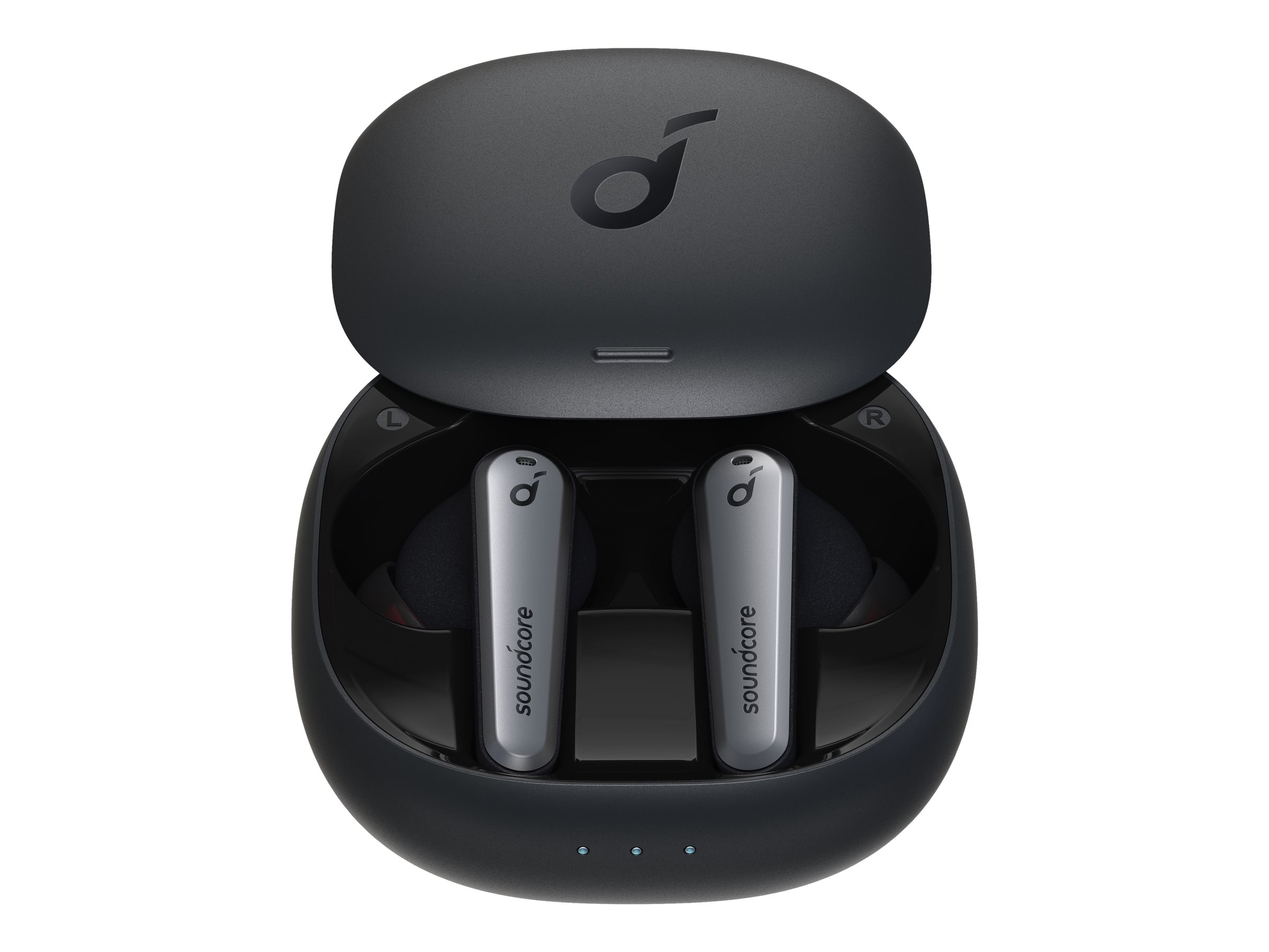 An open charging case displaying two Soundcore Liberty Nano wireless earbuds in sleek black and silver design.