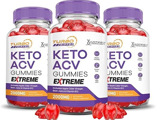 Turbo Ripped Keto ACV Gummies Extreme, featuring a purple cap and red gummies. The label highlights ingredients like apple cider vinegar, beet juice, and vitamin B12, with a dosage of 2000mg per serving. Text on the label also mentions benefits like being vegan-friendly, non-GMO, and gluten-free.