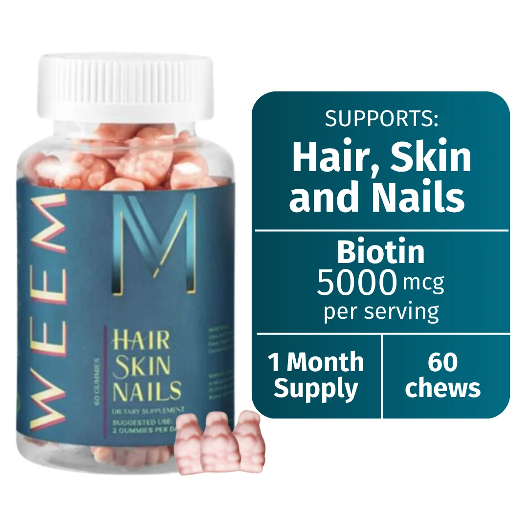 Weem Hair Gummies, Skin, and Nails Gummies bottle containing 60 chews, with 5000 mcg of biotin per serving, providing a one-month supply. The packaging highlights its benefits for hair, skin, and nails."