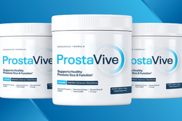 Three jars of ProstaVive dietary supplement displayed against a blue background, highlighting its features for prostate health support.