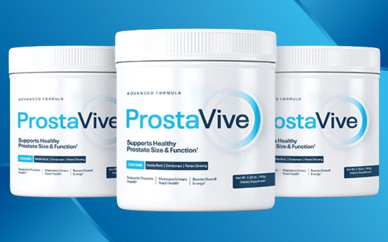 Three jars of ProstaVive dietary supplement displayed against a blue background, highlighting its features for prostate health support.