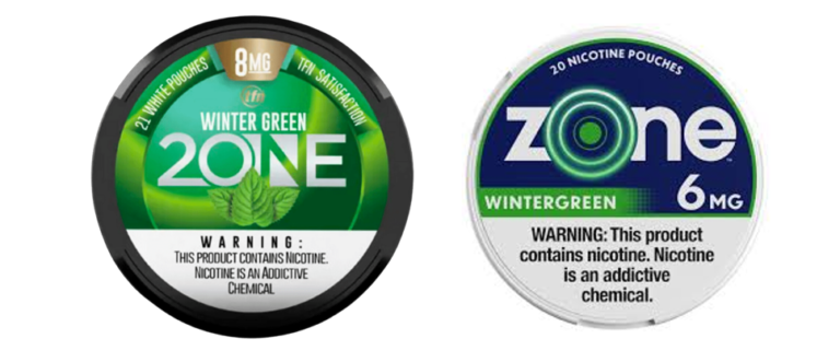 Two containers of nicotine pouches labeled 'Wintergreen.' The left container is branded '2One Zone Lawsuit' with a green and black design, 8MG strength, and an image of mint leaves. The right container is branded 'zone' with a white and blue design, 6MG strength, and a circular glowing pattern in the logo. Both containers include a nicotine addiction warning.