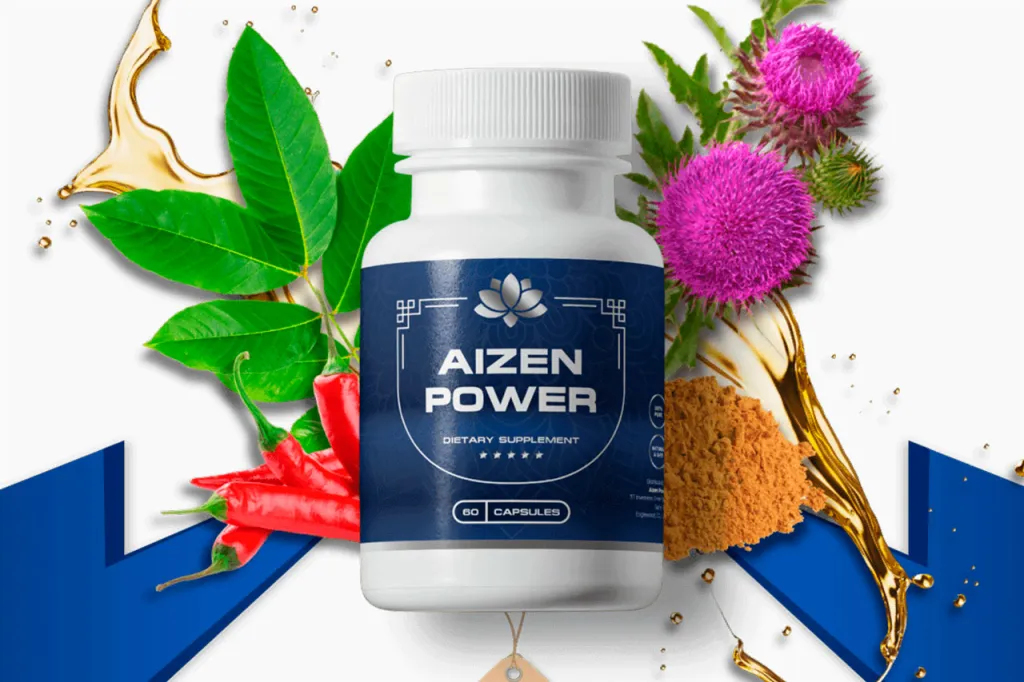 A bottle of Aizen Power dietary supplement surrounded by natural ingredients, including chili peppers, green leaves, milk thistle flowers, and powdered spices, with golden oil droplets and blue arrows in the background.