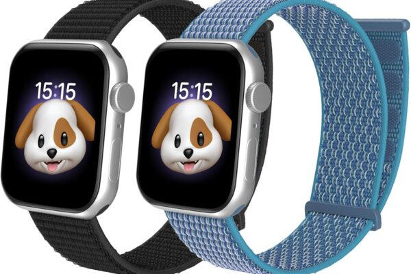 Two Apple Watch Bands smartwatches with silver aluminum cases displaying a dog emoji on their screens at 15:15. One watch has a black woven nylon band, while the other has a blue and light blue woven nylon band with a loop closure.