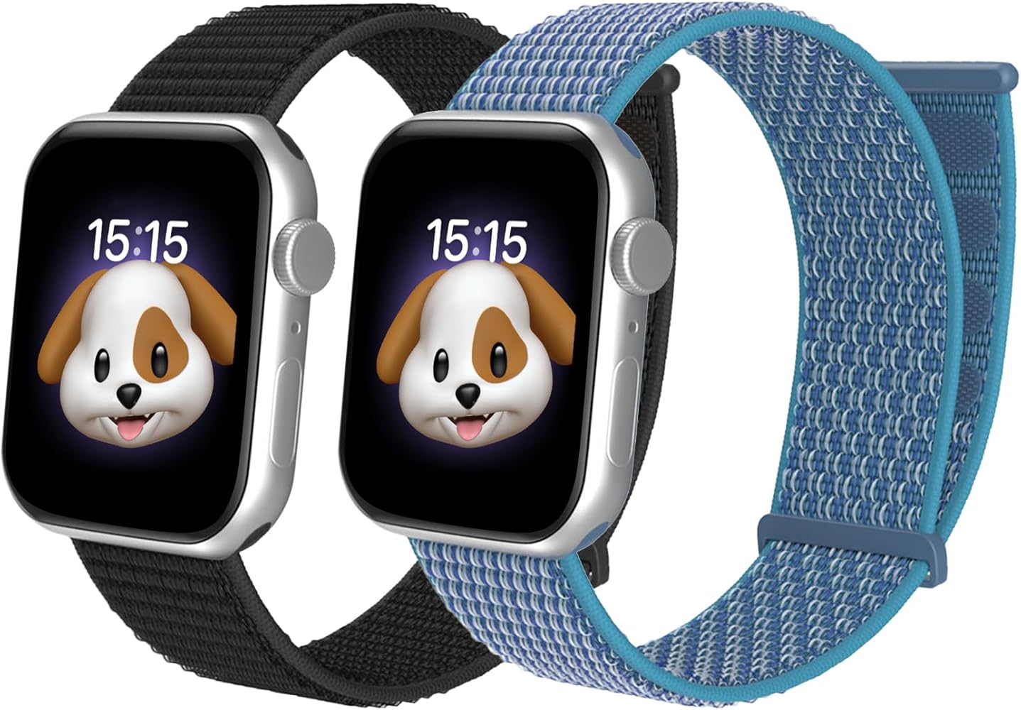 Two Apple Watch Bands smartwatches with silver aluminum cases displaying a dog emoji on their screens at 15:15. One watch has a black woven nylon band, while the other has a blue and light blue woven nylon band with a loop closure.