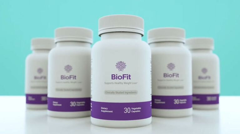 A group of BioFit Reviews dietary supplement bottles displayed against a light teal background. Each bottle contains 30 vegetable capsules and features purple and white labeling. The label states 'Supports Healthy Weight Loss*' with 'Clinically Studied Ingredients' highlighted. The product is designed to aid in weight management and overall health.