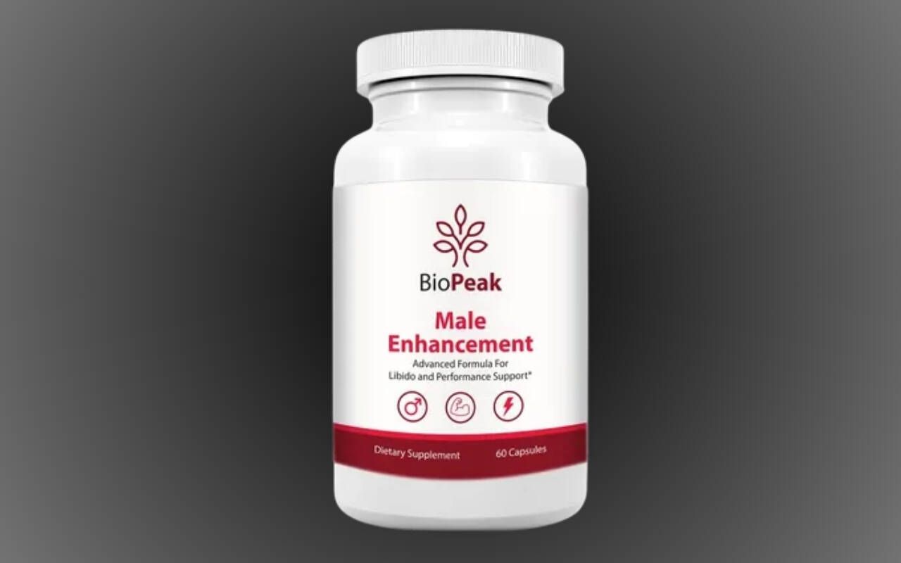 BioPeak Male Enhancement dietary supplement bottle with a white background and red accents, labeled 'Advanced Formula for Libido and Performance Support,' containing 60 capsules.