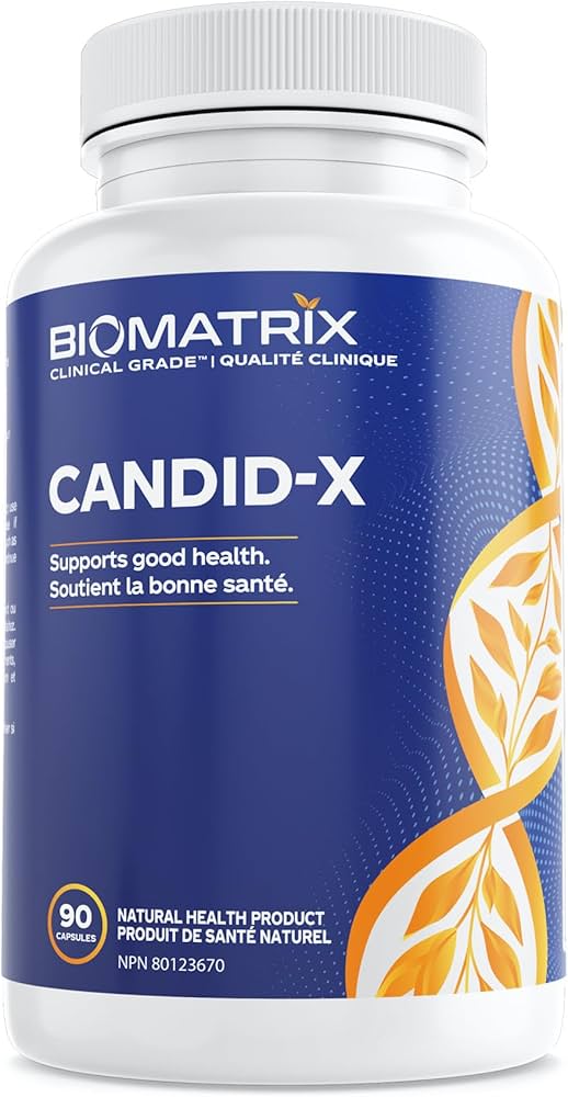 A bottle of Biomatrix Candidafx, a clinical-grade natural health product containing 90 capsules. The label features a blue background with a gold leaf design shaped like a DNA strand, and text emphasizing support for good health in English and French.