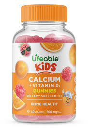 Lifeable Kids Calcium + Vitamin D3 Gummies bottle featuring 40 gummies with fruit illustrations, promoting bone health. Children's Vitamin D Gummies