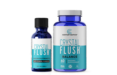 Crystal Flush Reviews Maximum Strength anti-fungal formula bottle and Crystal Flush Balance dietary supplement bottle, both from Century Biotics.