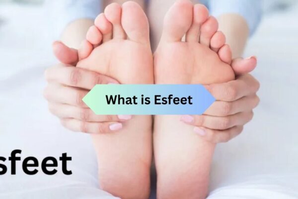 A person holding their feet with both hands, featuring the text 'What is Esfeet' on a gradient banner and the esfeet logo.