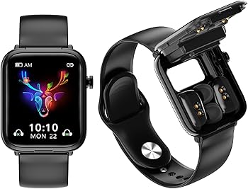 A Hanlin Smart Watch with a black strap displaying a colorful deer design on its screen. Next to it, the watch is shown with its built-in earbuds compartment open, revealing wireless earbuds stored inside.