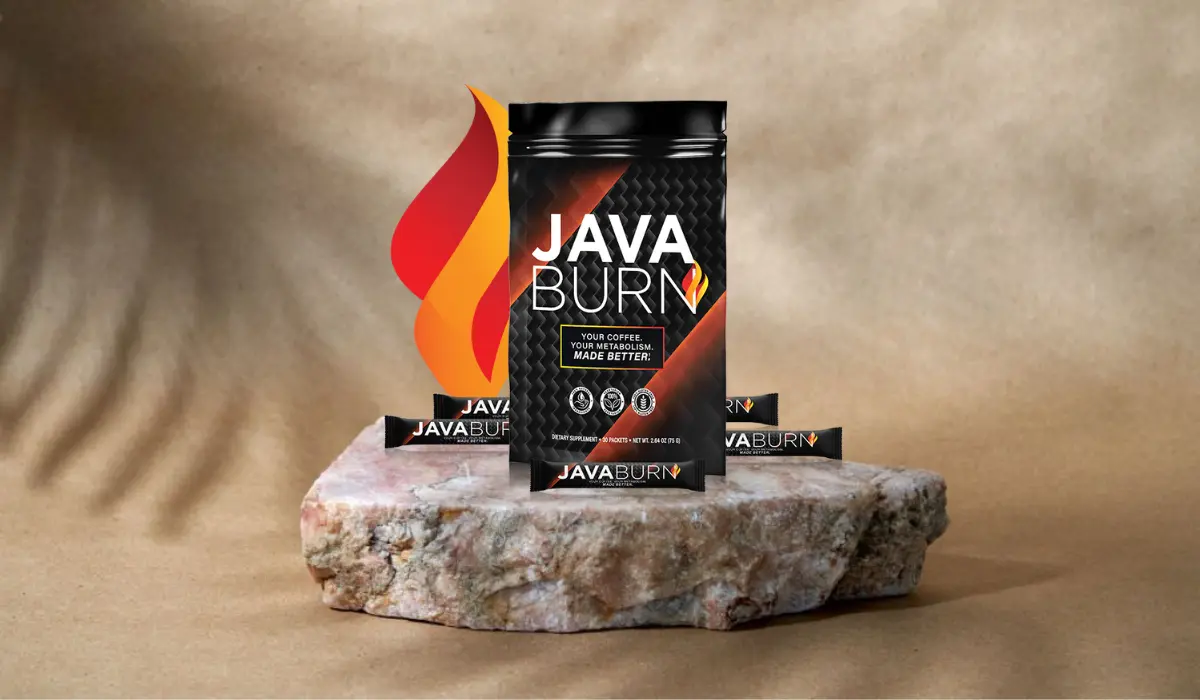 Java Burn dietary supplement displayed on a stone platform, featuring a black and orange packaging with a flame design.