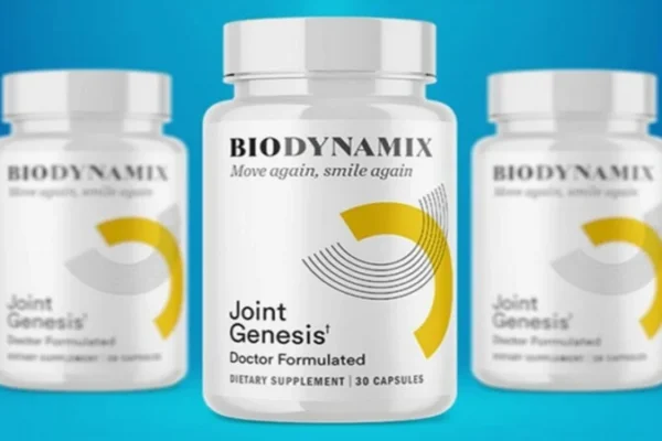 Three bottles of Biodynamix Joint Genesis dietary supplement with white labels featuring a yellow and gray abstract design, displayed against a gradient blue background.