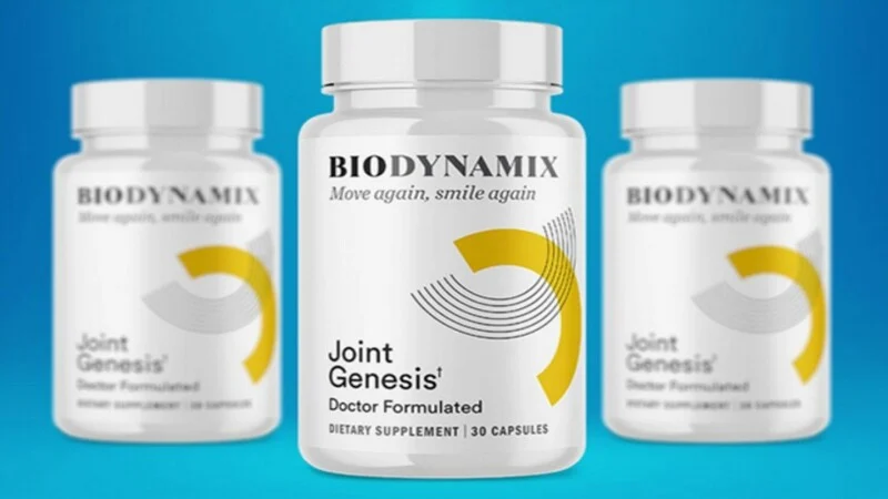 Three bottles of Biodynamix Joint Genesis dietary supplement with white labels featuring a yellow and gray abstract design, displayed against a gradient blue background.