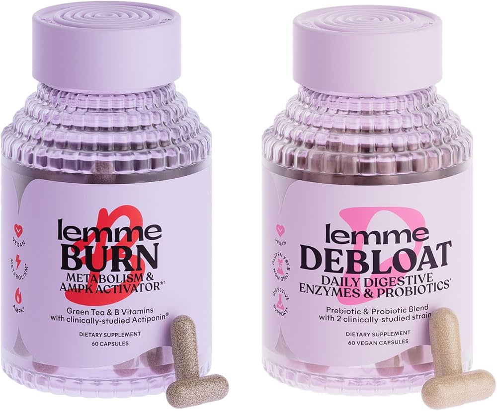 Two bottles of Lemme Burn Reviews dietary supplements in lavender-colored packaging: Lemme Burn, labeled as 'Metabolism & AMPK Activator,' with Green Tea and B Vitamins, and Lemme Debloat, labeled as 'Daily Digestive Enzymes & Probiotics,' featuring a prebiotic and probiotic blend. Each bottle contains 60 vegan capsules, with a few capsules displayed in front.