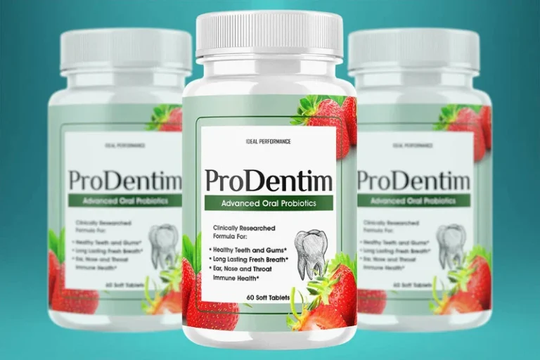 Three bottles of ProDentim Advanced Oral Probiotics supplement with strawberries and mint leaves, promoting healthy teeth and gums.