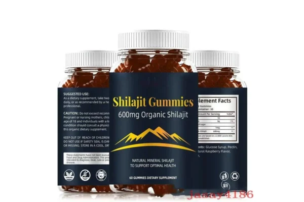 Three bottles of Pure Himalayan Shilajit Gummies dietary supplement, featuring 600mg of organic Shilajit per serving. The front label highlights a mountain design and states 'Natural Mineral Shilajit to Support Optimal Health.' The bottles indicate they are vegan, gluten-free, and non-GMO, with 60 gummies per container.