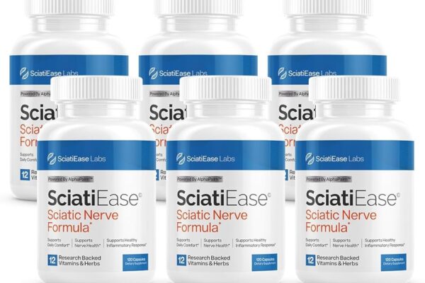 Six bottles of SciatiEase Review Sciatic Nerve Formula by SciatiEase Labs, a dietary supplement designed to support nerve health and daily comfort.