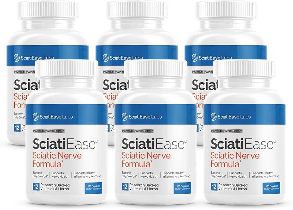 Six bottles of SciatiEase Review Sciatic Nerve Formula by SciatiEase Labs, a dietary supplement designed to support nerve health and daily comfort.