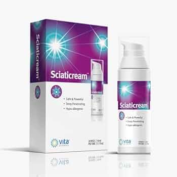 A product image of Sciaticream, featuring a purple and white box with a glowing starburst design, alongside a matching pump bottle. The packaging highlights features such as 'safe & powerful,' 'deep penetrating,' and 'non-allergenic.