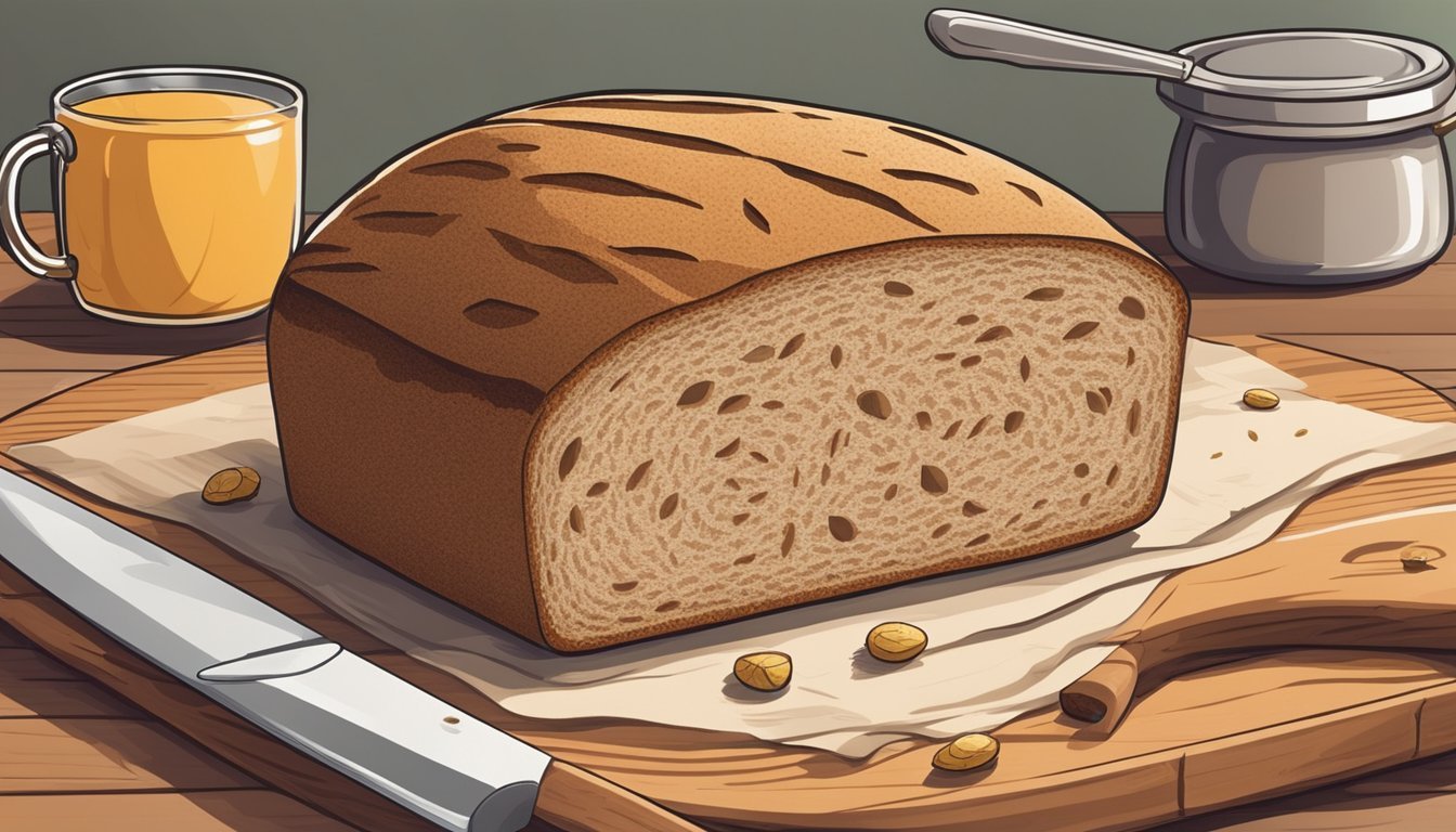 A loaf of multigrain bread with visible seeds on a wooden cutting board, accompanied by a knife, a cup of tea, and a small container of spreadable topping, creating a cozy breakfast setting.