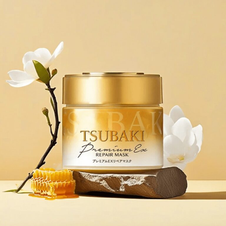 A gold jar of Tsubaki Hair Mask Premium EX Repair Mask displayed on a rustic wooden base, surrounded by white flowers and a honeycomb, set against a warm yellow background.