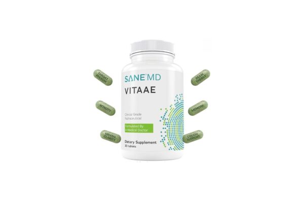 A bottle of SANE MD Vitaae dietary supplement surrounded by green capsules labeled with benefits such as 'Vitality,' 'Mental Clarity,' 'Throat Phlegm,' 'Cough Support,' 'Brain Energy,' and 'Memory.' The bottle states it is a clinical-grade nutraceutical formulated by a medical doctor, containing 30 tablets.