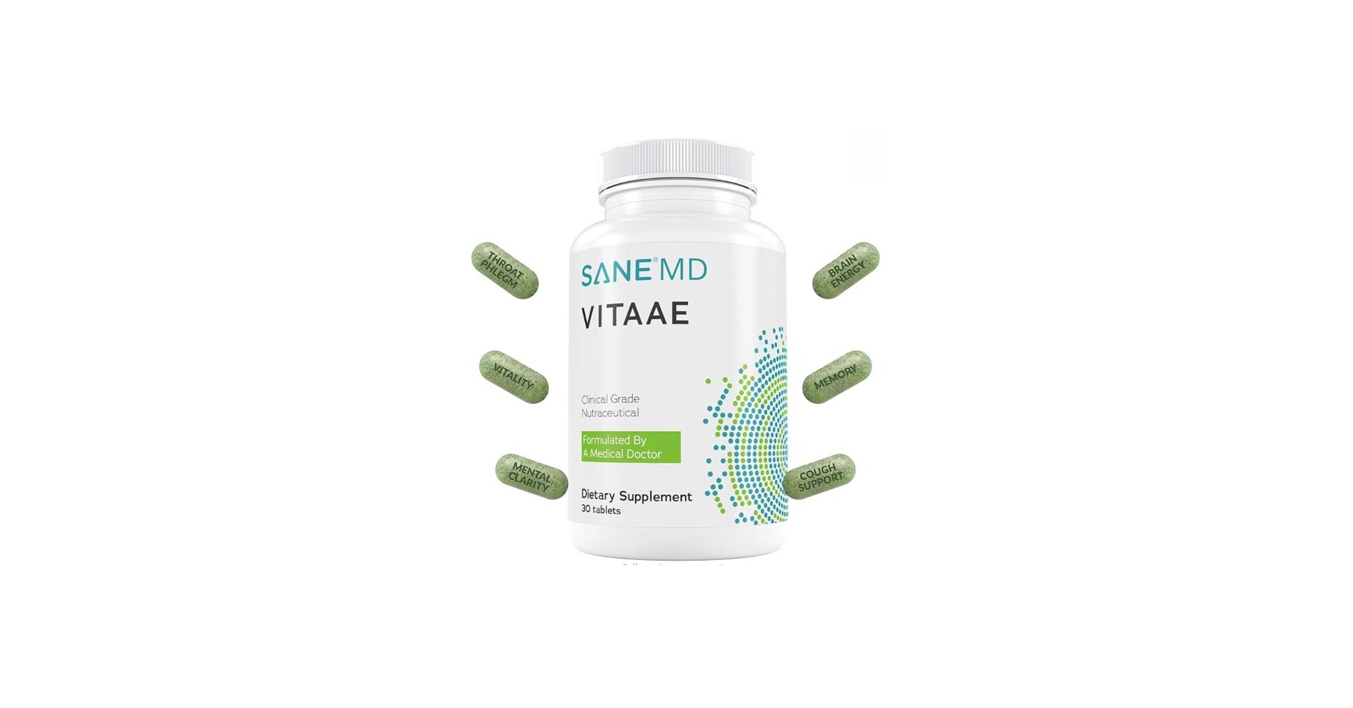 A bottle of SANE MD Vitaae dietary supplement surrounded by green capsules labeled with benefits such as 'Vitality,' 'Mental Clarity,' 'Throat Phlegm,' 'Cough Support,' 'Brain Energy,' and 'Memory.' The bottle states it is a clinical-grade nutraceutical formulated by a medical doctor, containing 30 tablets.