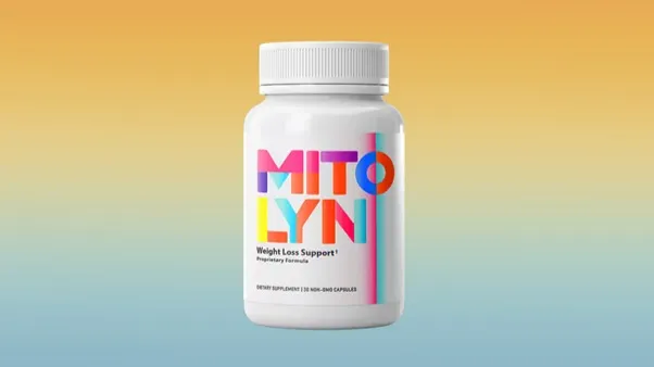 A white bottle of Mitolyn dietary supplement with colorful, modern branding on the label, promoting weight loss support. The product is displayed against a gradient background of warm orange and cool blue tones.