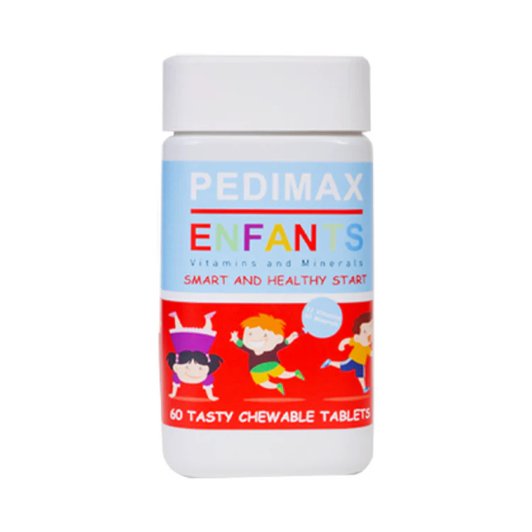 Pedimax Enfants bottle containing 60 tasty chewable tablets, featuring colorful packaging with illustrations of active children, promoting a 'Smart and Healthy Start' with vitamins and minerals for kids.