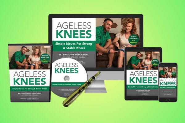 Ageless Knees Reviews program by Christopher Ohocinski displayed on various devices, including a DVD, computer, tablet, and smartphone, promoting simple moves for strong and stable knees." Let me know if you need any modifications