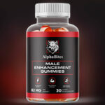 A bottle of Alpha Bites Male Enhancement Gummies with a black and red label. The label features a wolf logo and highlights benefits such as increased energy, improved stamina, and enhanced performance. The bottle contains 30 gummies with a dosage of 82 mg per serving.