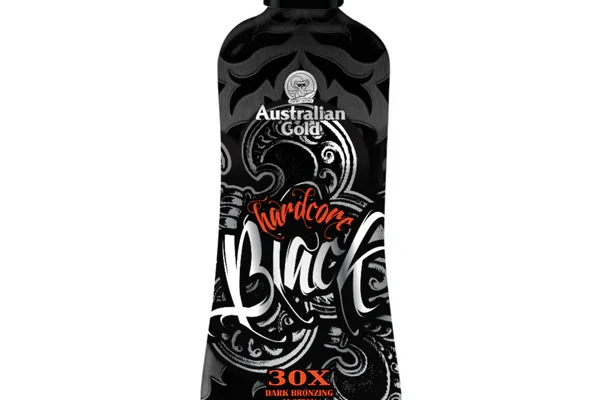 A black bottle of Australian Gold Tanning Lotion Black Tube Hardcore Black 30X Dark Bronzing Lotion with a tribal-style design. The bottle features bold white and red typography, with the brand logo at the top and product details below. The lotion is labeled as a professional salon product and contains 250 ml (8.5 fl. oz