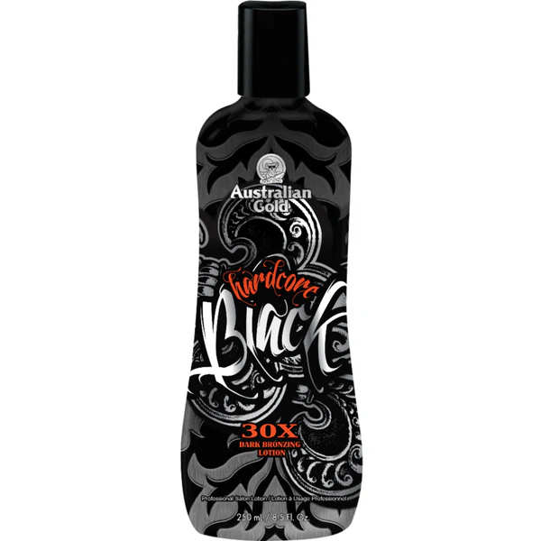 A black bottle of Australian Gold Tanning Lotion Black Tube Hardcore Black 30X Dark Bronzing Lotion with a tribal-style design. The bottle features bold white and red typography, with the brand logo at the top and product details below. The lotion is labeled as a professional salon product and contains 250 ml (8.5 fl. oz