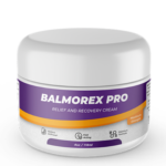 A product image of "Balmorex Pro," a relief and recovery cream. The container is white with a purple and orange label displaying the product name in bold white letters. The label highlights key benefits, including relieving stiffness, fast-acting effects, and a premium formula. The container holds 4oz (118ml) of the cream and is marked as "Maximum Strength.