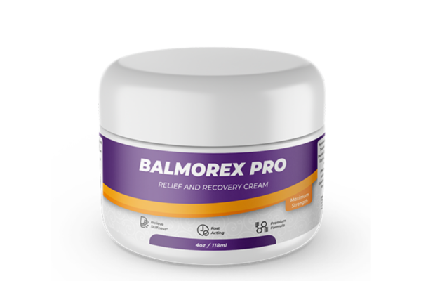 A product image of "Balmorex Pro," a relief and recovery cream. The container is white with a purple and orange label displaying the product name in bold white letters. The label highlights key benefits, including relieving stiffness, fast-acting effects, and a premium formula. The container holds 4oz (118ml) of the cream and is marked as "Maximum Strength.