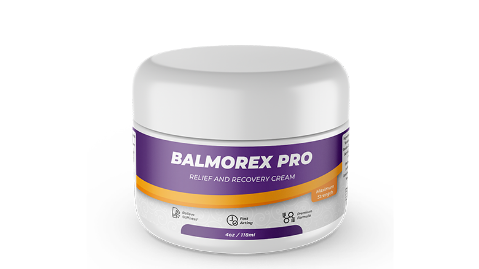 A product image of "Balmorex Pro," a relief and recovery cream. The container is white with a purple and orange label displaying the product name in bold white letters. The label highlights key benefits, including relieving stiffness, fast-acting effects, and a premium formula. The container holds 4oz (118ml) of the cream and is marked as "Maximum Strength.