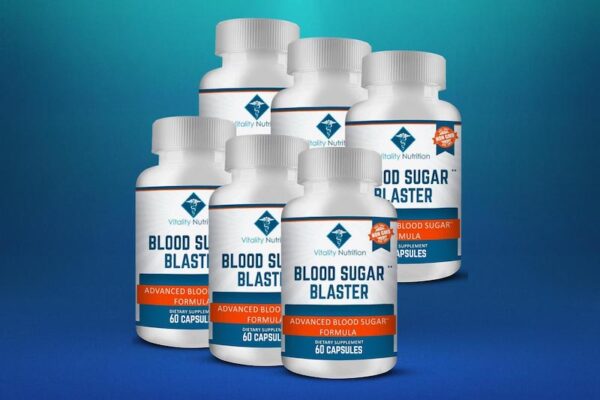 A set of six white bottles labeled 'Blood Sugar Blaster Reviews' by Vitality Nutrition, featuring an 'Advanced Blood Sugar Formula.' Each bottle contains 60 capsules. The background has a gradient of blue shades.