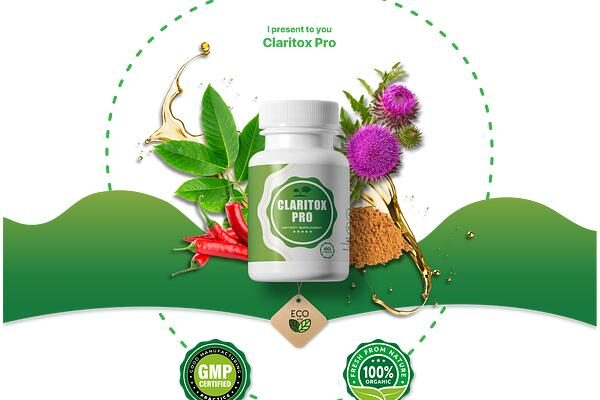 A promotional image of "Claritox Pro," a dietary supplement. The image features a white bottle with a green label displaying the product's name. Surrounding the bottle are natural ingredients, including green leaves, red chili peppers, a purple thistle flower, and a golden liquid drop. The background incorporates a green wave design with certification badges that indicate "GMP Certified" and "100% Organic." An "ECO" tag hangs below the bottle, emphasizing the product's eco-friendly nature.