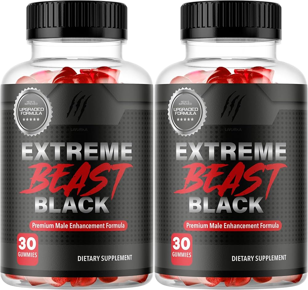 Two bottles of Extreme Male Enhancement Gummies dietary supplement gummies, labeled as a 'Premium Male Enhancement Formula.' Each bottle contains 30 red gummies and features a black and red design with bold typography. The label highlights an 'Upgraded Formula' and includes claw-mark graphics.