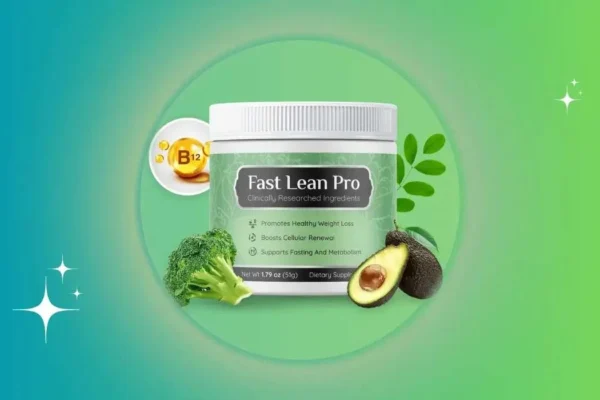 A jar of "Fast Lean Pro" dietary supplement against a green gradient background, surrounded by images of broccoli, avocado, and a vitamin B12 capsule. The label highlights benefits such as promoting healthy weight loss, boosting cellular renewal, and supporting fasting and metabolism. The jar contains 1.79 oz (51g) of product.