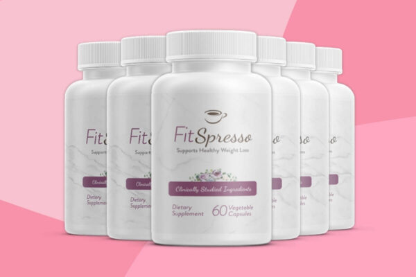 Six bottles of FitSpresso Review dietary supplement labeled 'Supports Healthy Weight Loss' with a pink background.