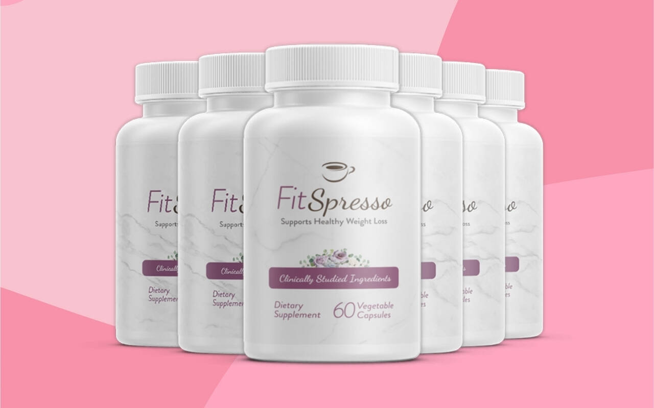 Six bottles of FitSpresso Review dietary supplement labeled 'Supports Healthy Weight Loss' with a pink background.