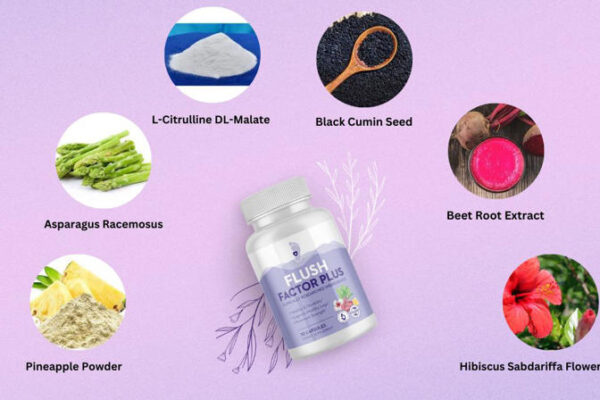 Flush Factor Plus supplement with a pastel purple background, surrounded by images of key ingredients including L-Citrulline DL-Malate, Black Cumin Seed, Beet Root Extract, Hibiscus Sabdariffa Flower Extract, Pineapple Powder, and Asparagus Racemosus. Each ingredient is labeled and visually represented in circular cutouts around the central bottle.