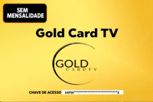 A Gold Card TV access card with a yellow background. The card features the Gold Card TV logo in black, with the text 'SEM MENSALIDADE' (No Monthly Fee) in a black box at the top left. Below the logo, there is an access key partially obscured for security.